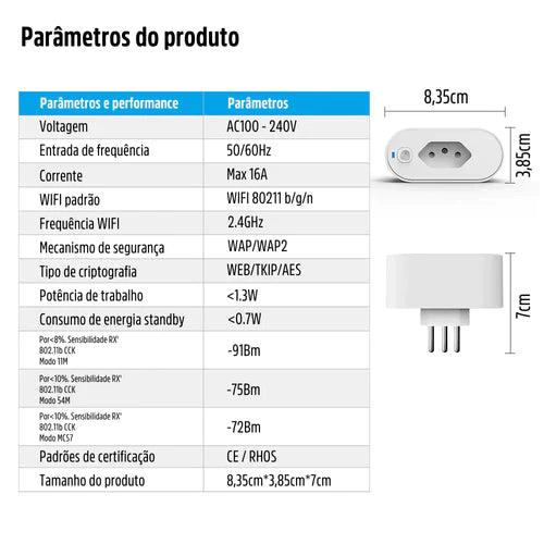 Tomada Inteligente 16A Wi-Fi Liga e Desliga via Aplicativo Compatível com Alexa e Google Assistente