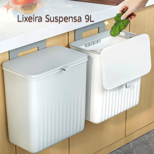Lixeira Suspensa 9L com Tampa e Suporte – Para Cozinha e Banheiro